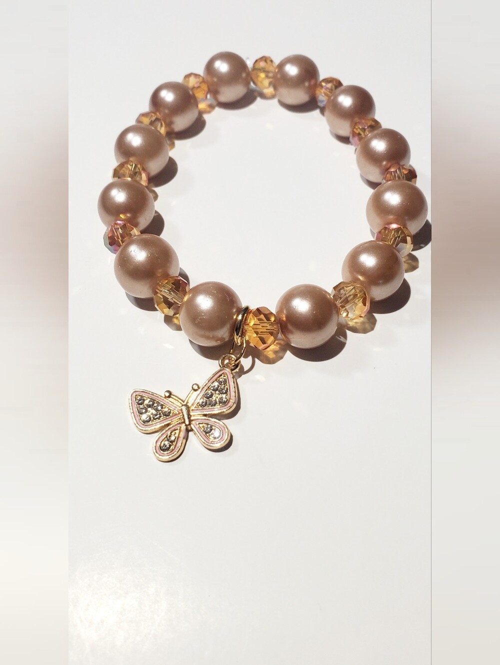 Elegant Champagne Glass Pearl Bracelet with Butterfly Charm